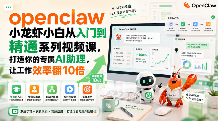 openclaw小龙虾小白从入门到精通系列视频课，打造你的专属AI助理，让工作效率翻10倍-创薯资源