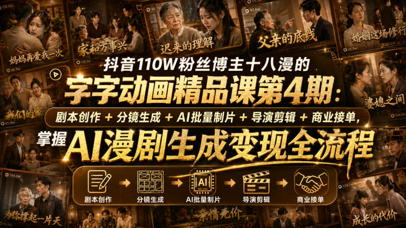 抖音110W粉丝博主十八漫的字字动画精品课第4期：剧本创作+分镜生成+剪辑+商业接单，掌握AI漫剧生成变现全流程-创薯资源