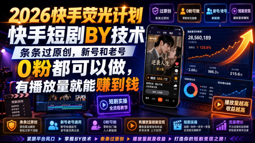 2026快手荧光计划，快手短剧搬运技术，条条过原创，新号和老号0粉都可以做，有播放量就能賺到钱-创薯资源