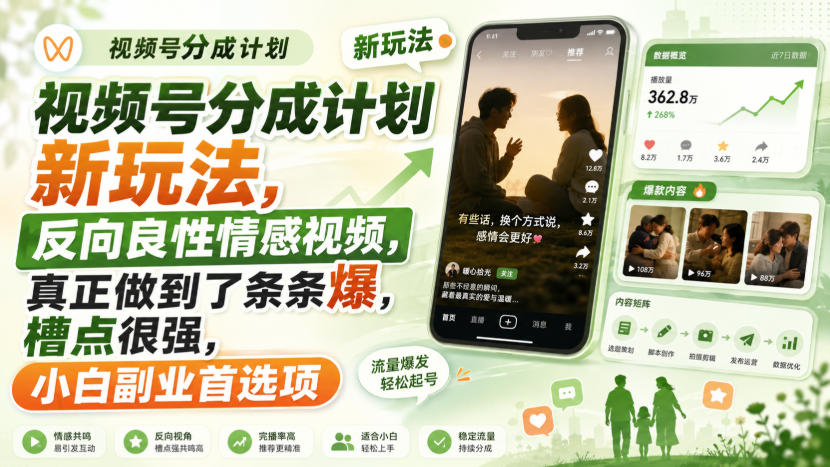 视频号分成计划新玩法，反向良性情感视频，真正做到了条条爆，槽点很强，小白副业首选项-创薯资源