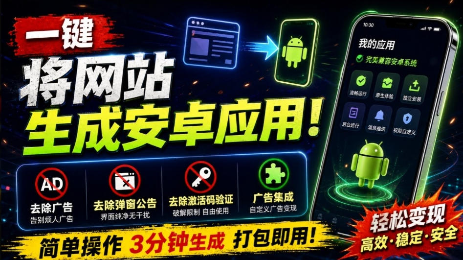 目前最好用，一键将网站生成安卓应用！支持去除广告、弹窗公告、激活码验证、广告集成等web-to-app-创薯资源