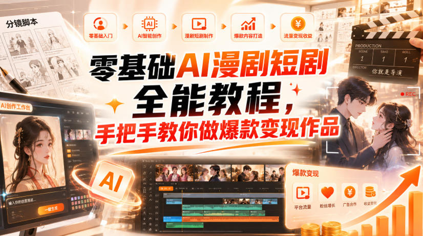 零基础AI漫剧短剧全能教程，从AI智能体搭建、文案脚本分镜、多平台AI生视频、剪映精修，覆盖全题材创作，手把手教你做爆款变现作品-创薯资源