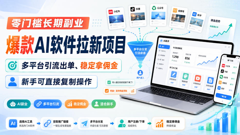 零门槛长期副业，爆款AI软件拉新项目，多平台引流出单、稳定拿佣金，新手可直接复制操作-创薯资源
