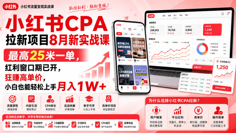小红书CPA拉新项目8月新实战课，最高25米一单，红利窗口期已开，狂賺高单价，小白也能轻松上手月入1W+-创薯资源