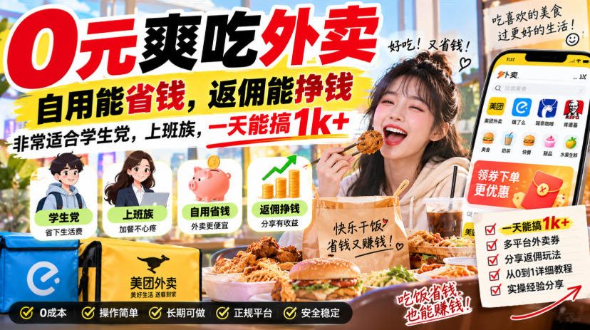 0元爽吃外卖，自用能省钱，返佣能挣钱，非常适合学生党，上班族，一天能搞1k+-创薯资源