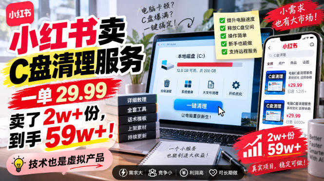 小红书卖C盘清理服务，一单29.99，卖了2w+份，技术也是虚拟产品-创薯资源