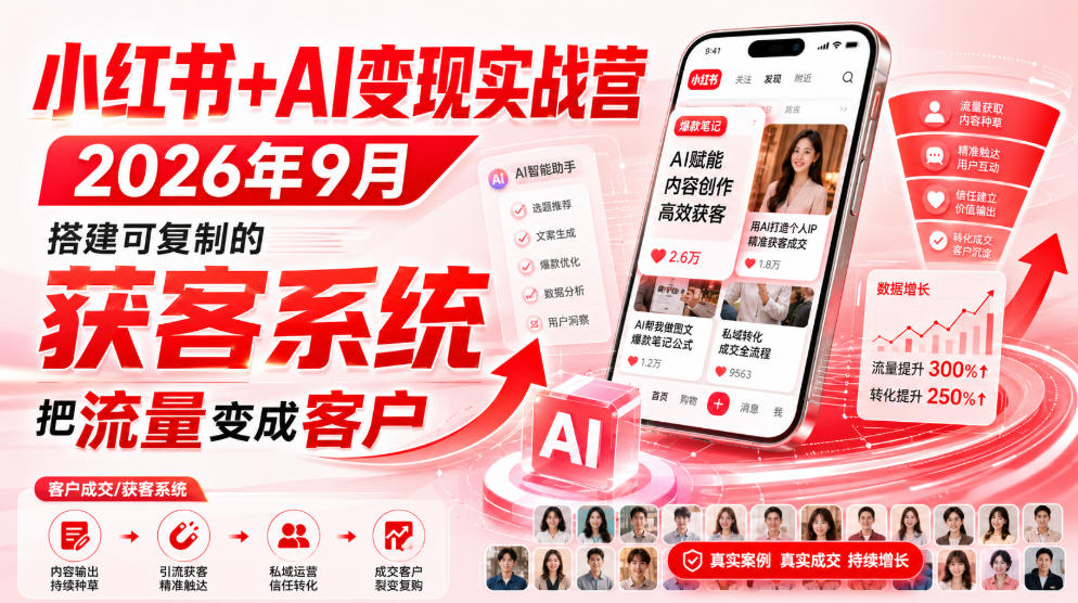 小红书+AI变现实战营2026年9月，搭建可复制的获客系统，把流量变成客户！-创薯资源