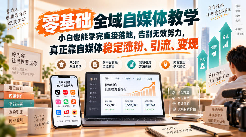 零基础全域自媒体教学，小白也能学完直接落地，告别无效努力，真正靠自媒体稳定涨粉、引流、变现-创薯资源