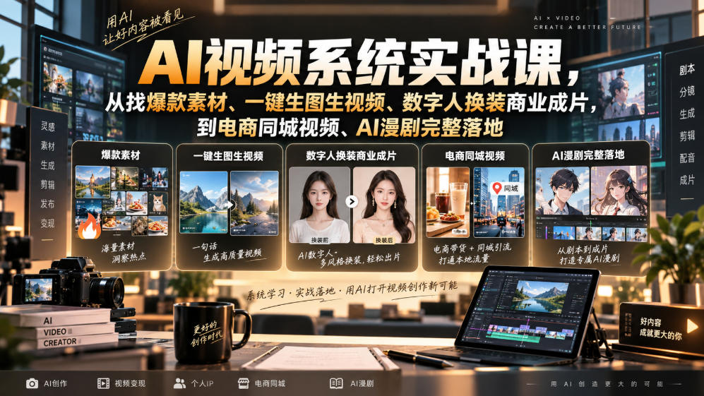 AI视频系统实战课，从找爆款素材、一键生图生视频、数字人换装商业成片，到电商同城视频、AI漫剧完整落地-创薯资源