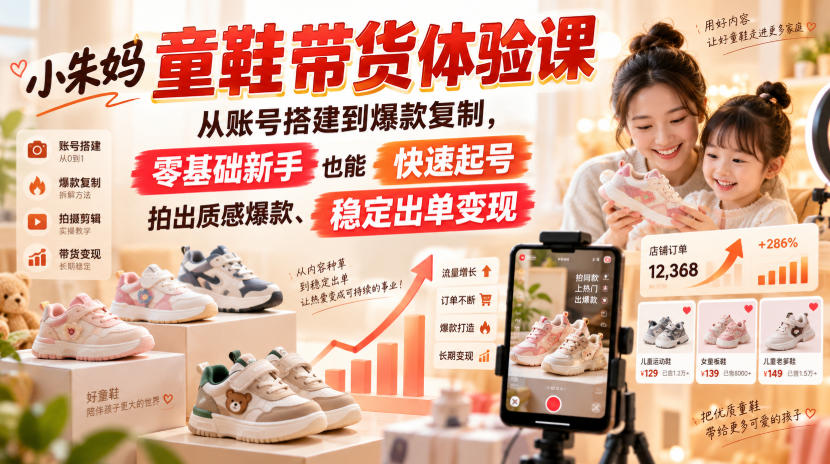 小朱妈童鞋带货体验课，从账号搭建到爆款复制，零基础新手也能快速起号、拍出质感爆款、稳定出单变现-创薯资源