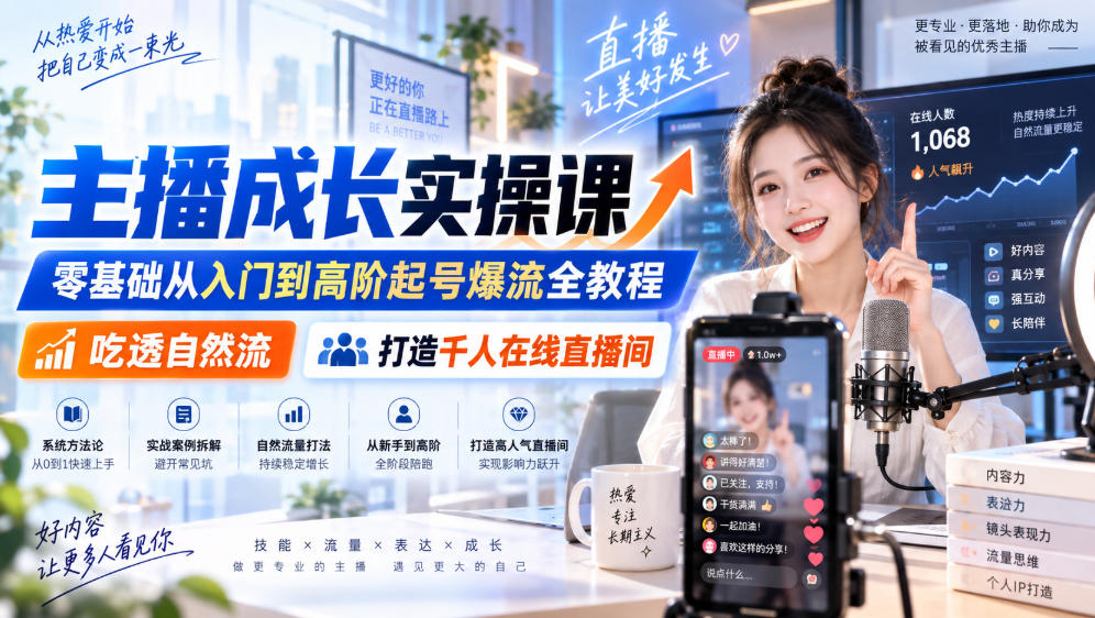 主播成长实操课｜零基础从入门到高阶起号爆流全教程，吃透自然流，打造千人在线直播间-创薯资源