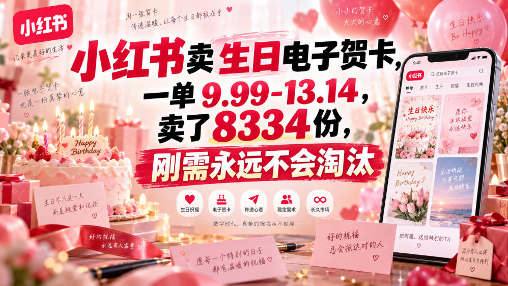 小红书卖生日电子贺卡，一单9.99-13.14，卖了8334份，刚需永远不会淘汰-创薯资源