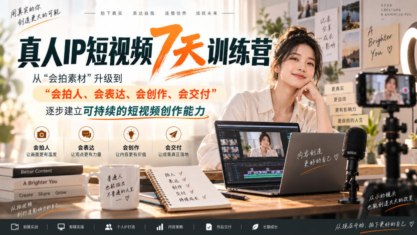 真人IP短视频7天训练营，从“会拍素材”升级到“会拍人、会表达、会创作、会交付”，逐步建立可持续的短视频创作能力-创薯资源