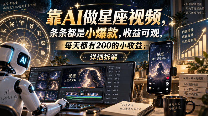 靠AI做星座视频，条条都是小爆款，收益可观，每天都有200的小收益，详细拆解-创薯资源