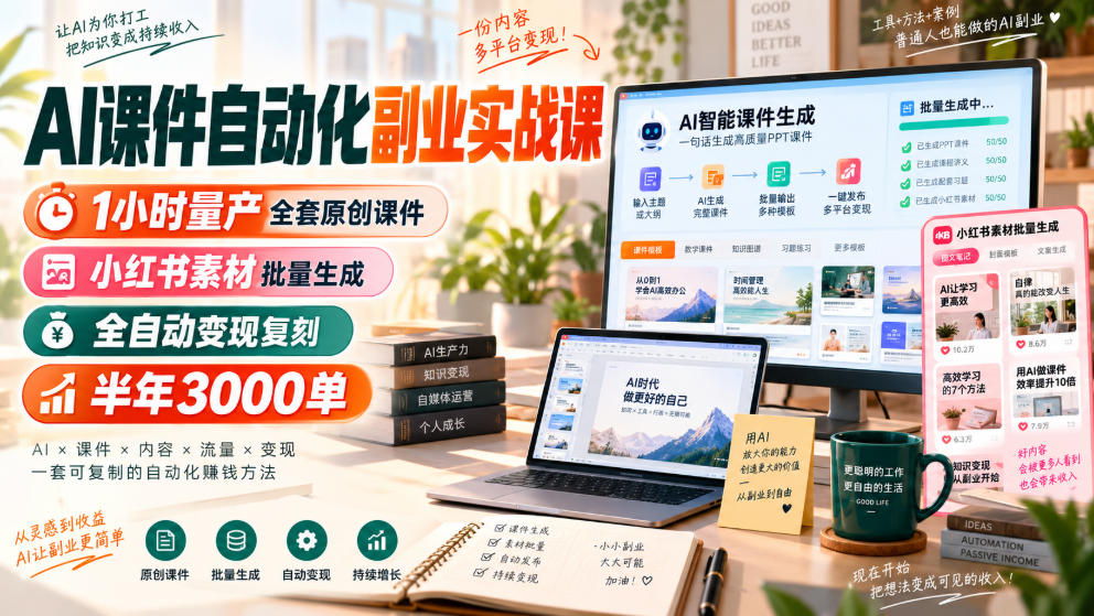 AI课件自动化副业实战课，1小时量产全套原创课件，小红书素材批量生成，全自动变现复刻，半年3000单-创薯资源