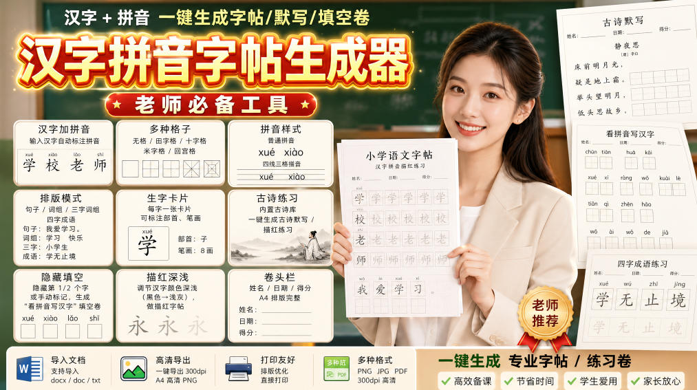 学习神器，汉字拼音字帖生成器，汉字+拼音 一键生成字帖/默写/填空卷，支持词组、成语，老师、家长必备-创薯资源