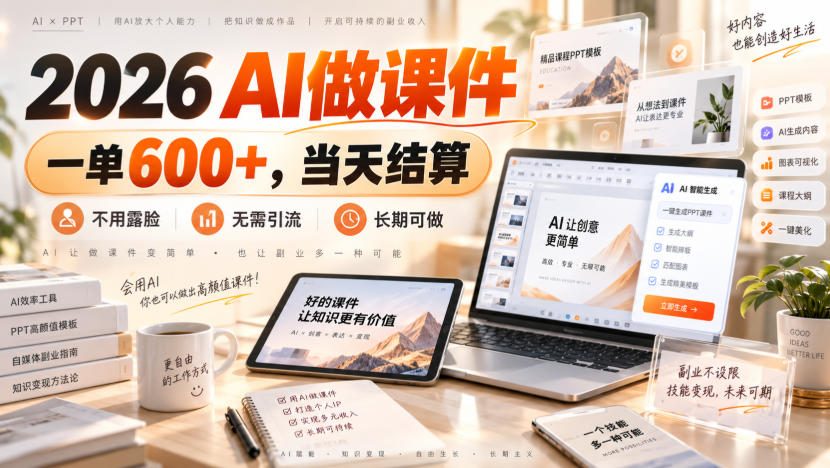 2026 AI做课件，一单600+，当天结算，不用露脸，无需引流，长期可做【揭秘】-创薯资源