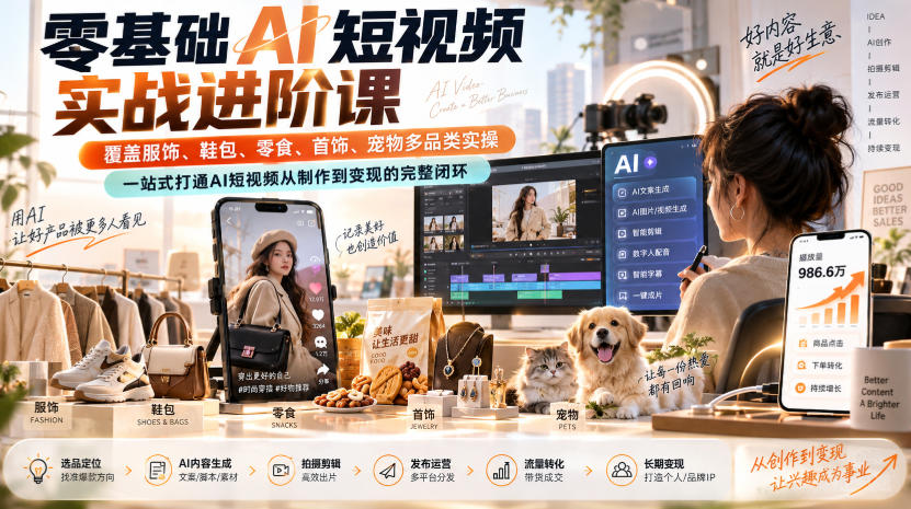零基础AI短视频实战进阶课，覆盖服饰、鞋包、零食、首饰、宠物多品类实操，一站式打通AI短视频从制作到变现的完整闭环-创薯资源