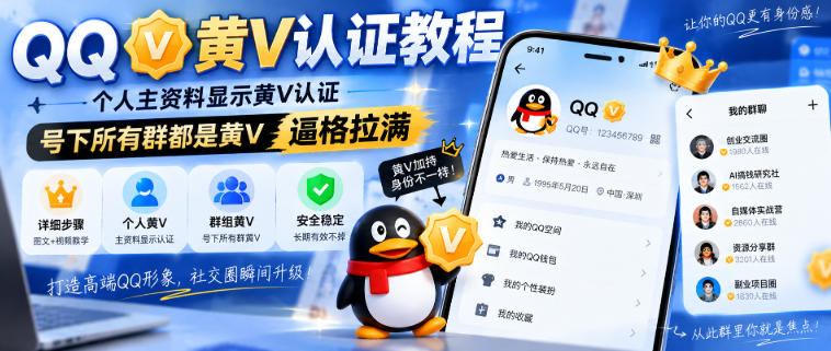 QQ黄V认证教程，个人主资料显示黄V认证，号下所有群都是黄V，逼格拉满-创薯资源