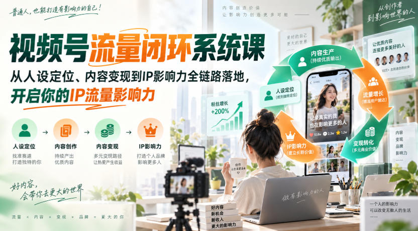 视频号流量闭环系统课，从人设定位、内容变现到IP影响力全链路落地，开启你的IP流量影响力-创薯资源