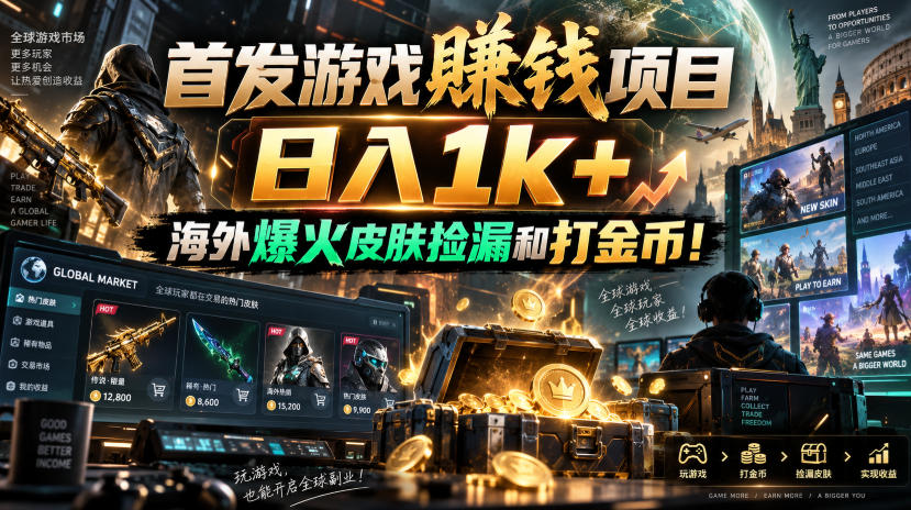 首发游戏賺钱项目，日入1k+，海外爆火皮肤捡漏和打金币！【揭秘】-创薯资源