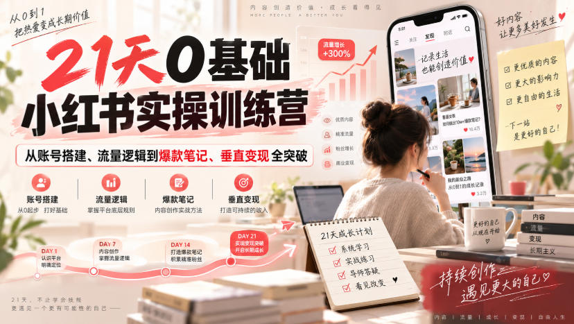 21天0基础小红书实操训练营｜从账号搭建、流量逻辑到爆款笔记、垂直变现全突破-创薯资源