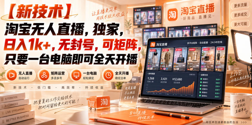 【独家新技术】淘宝无人直播，日入1k+，无封号，可矩阵，只要一台电脑即可全天开播【揭秘】-创薯资源