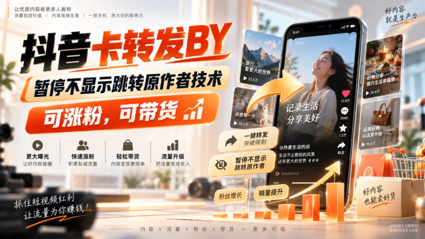 抖音卡转发搬运，暂停不显示跳转原作者技术，可涨粉，可带货-创薯资源