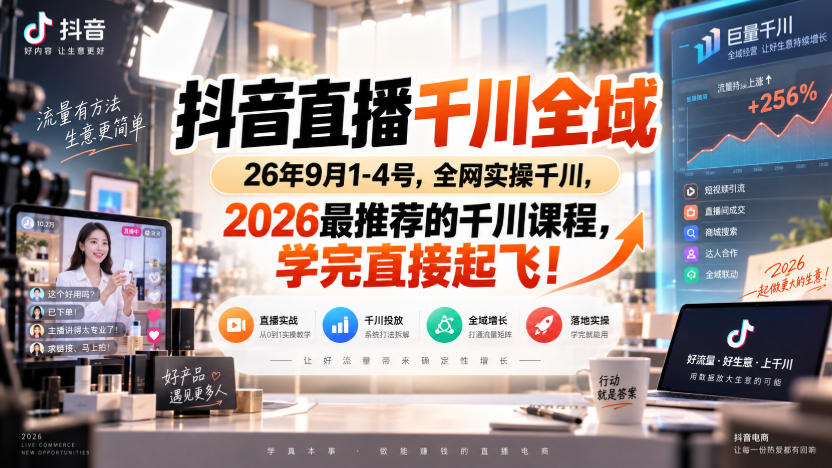 抖音直播千川全域26年9月1-4号，全网实操千川，2026最推荐的千川课程，学完直接起飞！-创薯资源
