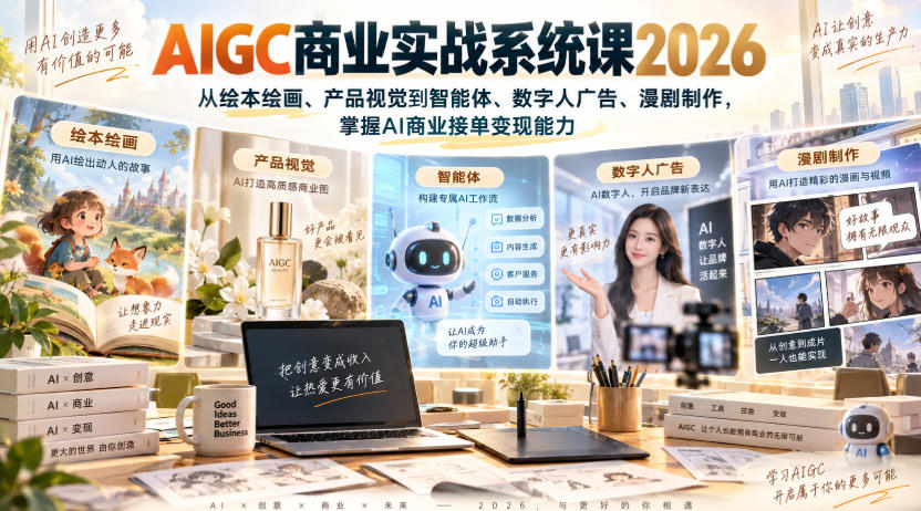 AIGC商业实战系统课2026，从绘本绘画、产品视觉到智能体、数字人广告、漫剧制作，掌握AI商业接单变现能力-创薯资源