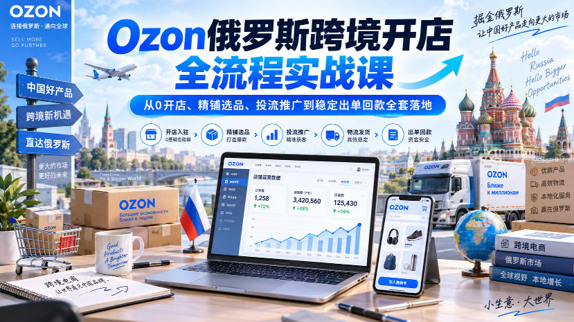 Ozon俄罗斯跨境开店全流程实战课｜从0开店、精铺选品、投流推广到稳定出单回款全套落地-创薯资源