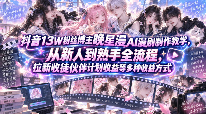 抖音13W粉丝博主晚星漫AI漫剧制作教学，从新人到熟手全流程，拉新收徒伙伴计划收益等多种收益方式，单日1K+-创薯资源