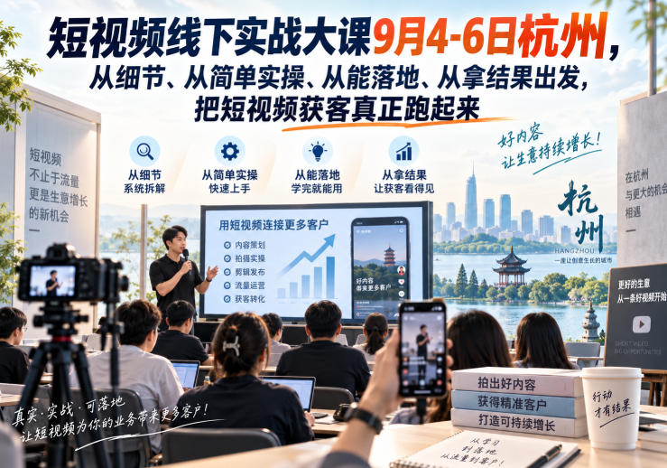 短视频线下实战大课9月4-6日杭州，从细节、从简单实操、从能落地、从拿结果出发，把短视频获客真正跑起来-创薯资源