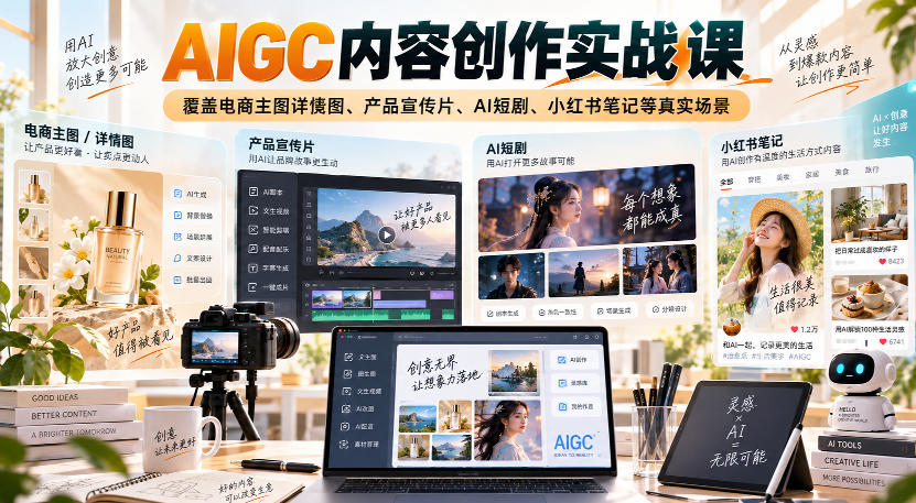 AIGC内容创作实战课，覆盖电商主图详情图、产品宣传片、AI短剧、小红书笔记等真实场景-创薯资源