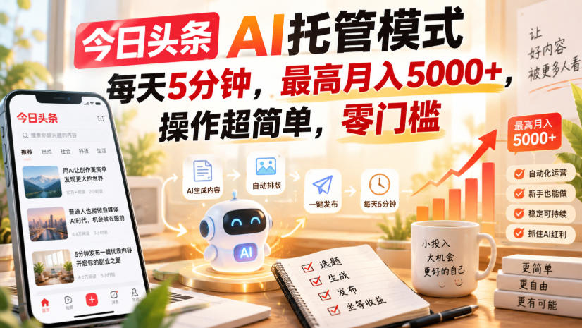 今日头条AI托管模式，每天5分钟，最高月入5000+，操作超简单，零门槛【揭秘】-创薯资源