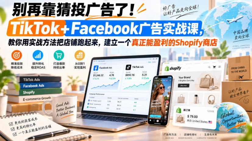 别再靠猜投广告了！TikTok+Facebook广告实战课，教你用实战方法把店铺跑起来，建立一个真正能盈利的Shopify商店【原创双语字幕】-创薯资源