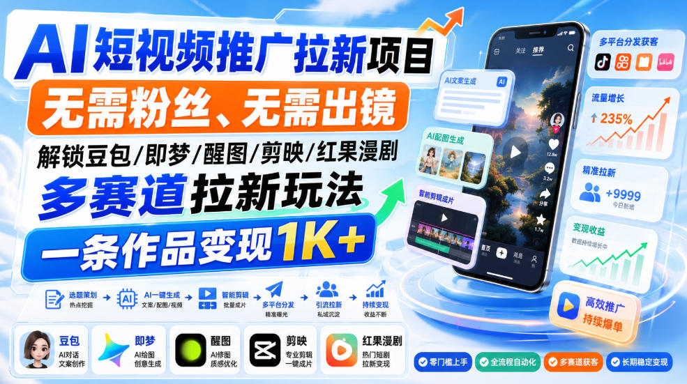 AI短视频推广拉新项目，无需粉丝、无需出镜，解锁豆包/即梦/醒图/剪映/红果漫剧多赛道拉新玩法，一条作品变现1K+(更新0910)-创薯资源