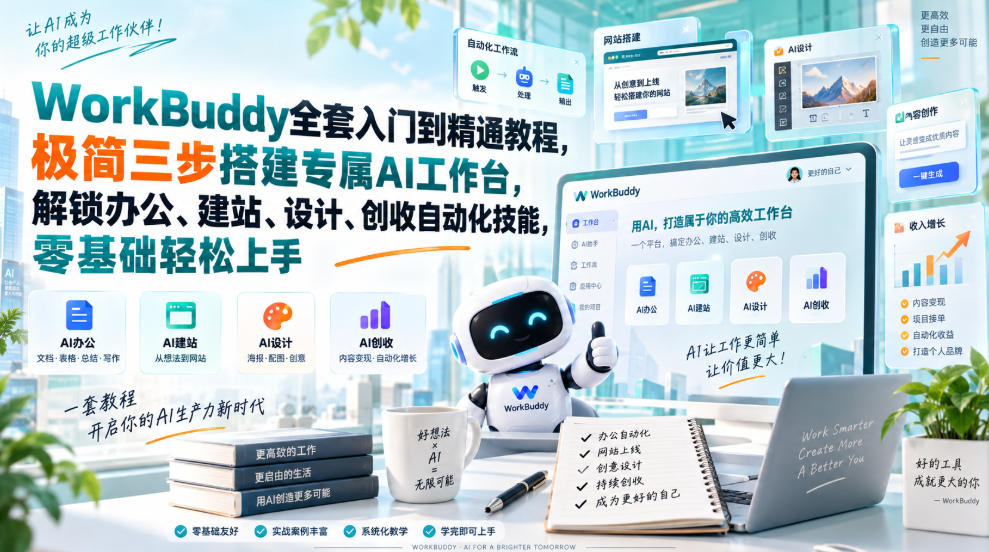 WorkBuddy全套入门到精通教程，极简三步搭建专属AI工作台，解锁办公、建站、设计、创收自动化技能，零基础轻松上手-创薯资源