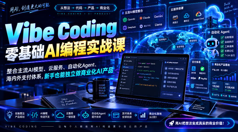 Vibe Coding零基础AI编程实战课-无水印，整合主流AI模型、云服务、自动化Agent、海内外支付体系，新手也能独立做商业化AI产品-创薯资源