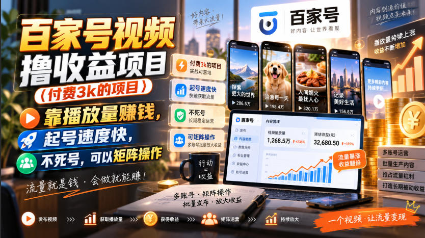 百家号视频撸收益项目(付费3k的项目)，靠播放量賺钱，起号速度快，不死号，可以矩阵操作-创薯资源