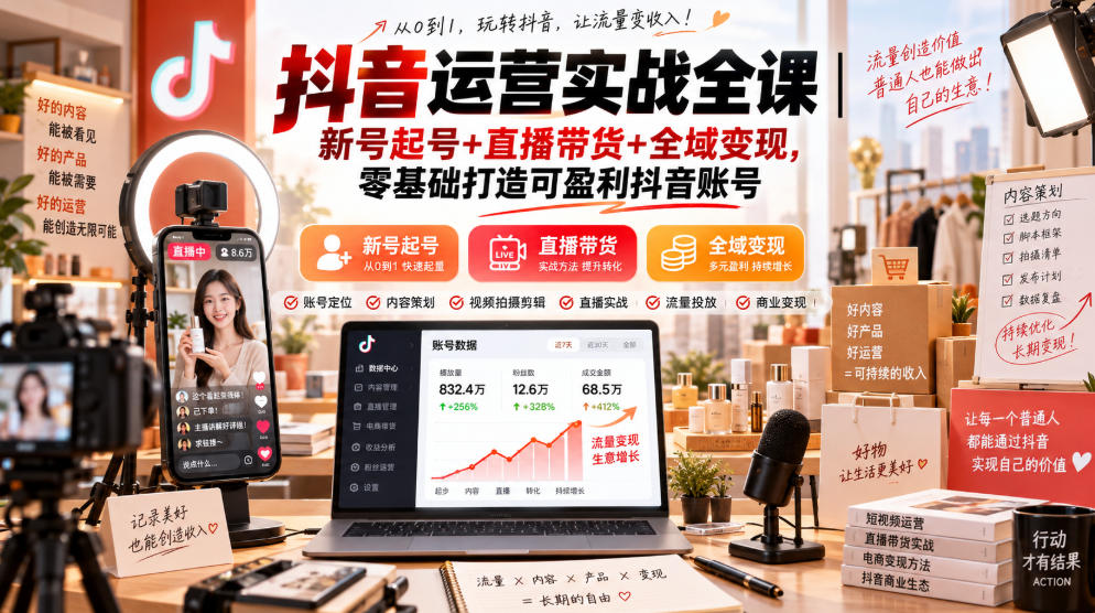 抖音运营实战全课｜新号起号+直播带货+全域变现，零基础打造可盈利抖音账号-创薯资源