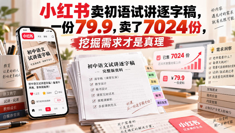 小红书卖初语试讲逐字稿，一份79.9，卖了7024份，挖掘需求才是真理-创薯资源