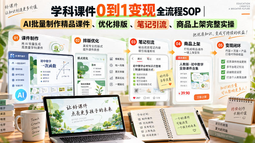 学科课件0到1变现全流程SOP｜AI批量制作精品课件、优化排版、笔记引流、商品上架完整实操​-创薯资源