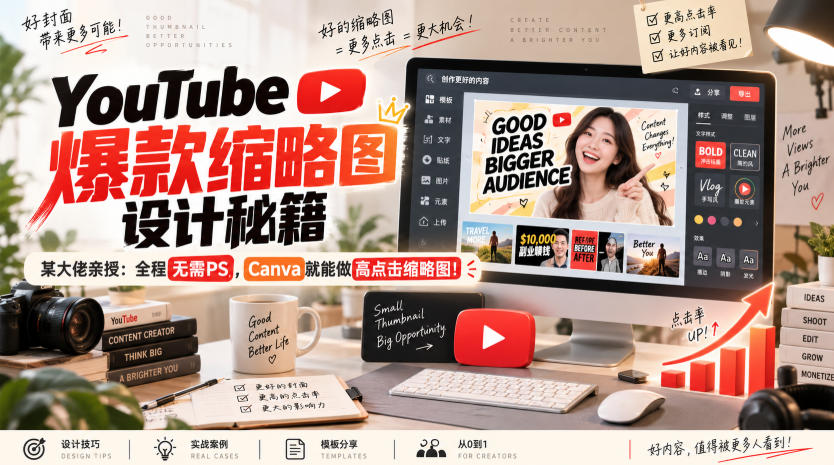 YouTube爆款缩略图设计秘籍，某油管大佬(610万订阅者)亲授，全程无需PS，Canva就能做高点击缩略图！【原创双语字幕】-创薯资源