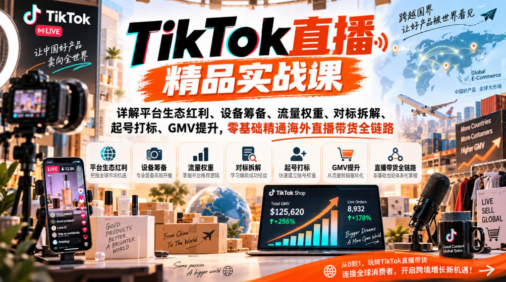 TikTok直播精品实战课，详解平台生态红利、设备筹备、流量权重、对标拆解、起号打标、GMV提升，零基础精通海外直播带货全链路-创薯资源