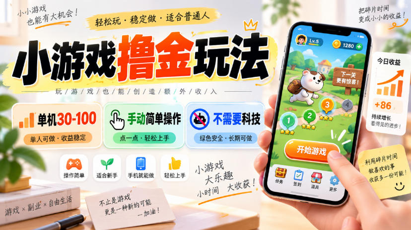小游戏撸金玩法，单机30-100，手动简单操作，不需要科技-创薯资源