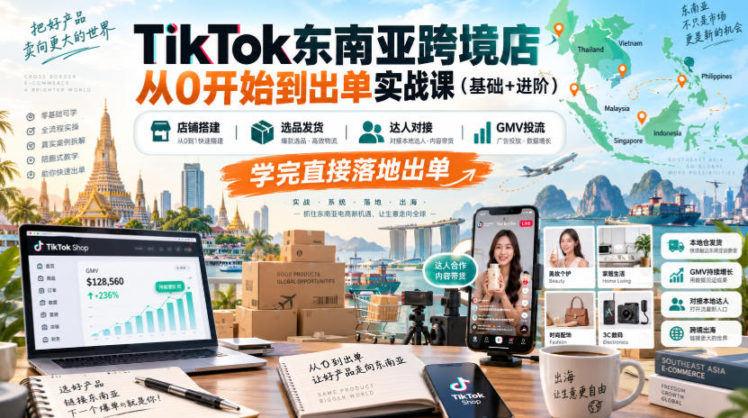 TikTok东南亚跨境店从0开始到出单实战课(基础+进阶)，店铺搭建、选品发货、达人对接、GMV投流，学完直接落地出单-创薯资源
