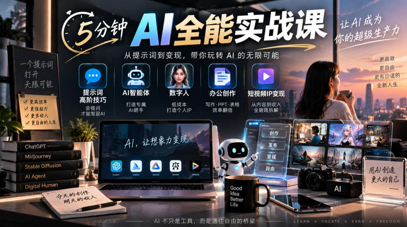 5分钟AI全能实战课｜提示词高阶技巧+AI智能体+数字人+办公创作+短视频IP变现全教程-创薯资源