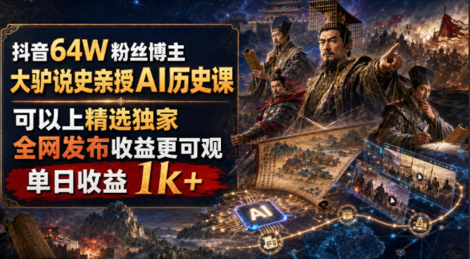 抖音64W粉丝博主大驴说史亲授AI历史课，可以上精选独家，全网发布收益更可观，单日收益1k+(更新)-创薯资源