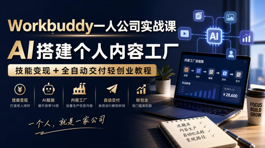 Workbuddy一人公司实战课，AI搭建个人内容工厂，技能变现+全自动交付轻创业教程​-创薯资源